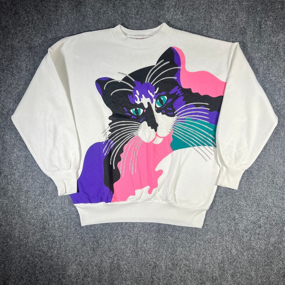 Vintage 80s Cat Sweatshirt Neon Glitter Large Small Changes